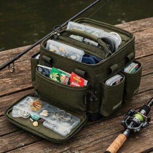 Soft-sided fishing tackle bag illustration with multiple pockets and compartments, ideal for anglers needing flexible storage solutions.
