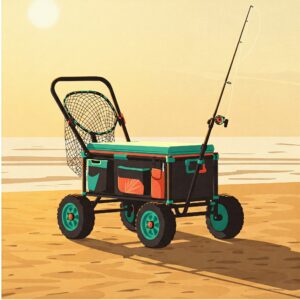 Stylized illustration of a beach fishing cart equipped with storage compartments and fishing gear, ideal for garage wall cabinet inspiration. 