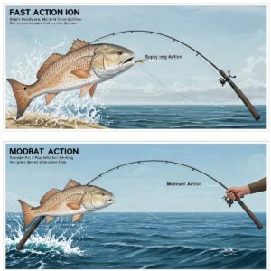 Illustration showing the action of a surf fishing rod bending under the weight of a fish or during a cast, emphasizing different action types like fast and moderate.