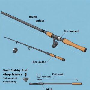 Diagram illustrating the key components of a surf fishing rod, such as the blank, guides, reel seat, and grip.