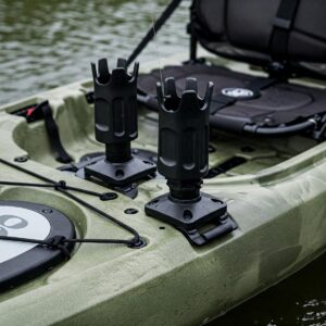 Close-up of convenient rod holders on a 2 person fishing kayak.