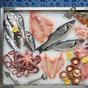 Top-down view of a fish counter featuring a diverse assortment of fresh fish, octopus, shrimp, and scallops arranged on ice.