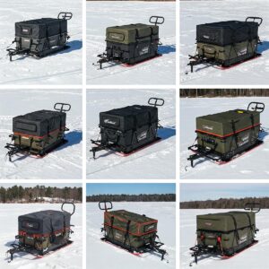  Illustration showcasing various types of ice fishing sleds available for transporting equipment on the ice.