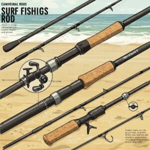  Illustration showcasing different types of surf fishing rods, including spinning and conventional models, highlighting their reel seats and handle designs.