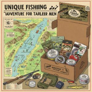 Illustration displaying a selection of unique fishing gifts specifically geared towards men, such as a vintage fishing map and a subscription box for fishing gear.