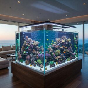 A very large fish tank with a thriving aquatic ecosystem, showcasing diverse fish and vibrant plants.