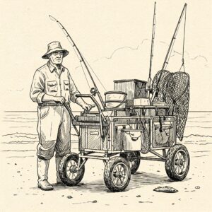 Vintage-style sketch of a fisherman with a fully equipped fishing cart, illustrating efficient gear storage like that of garage wall cabinets. 