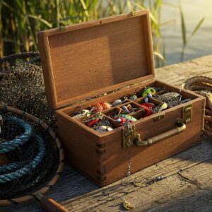 Illustration of a classic vintage wooden tackle box for fishing, evoking a sense of traditional angling.