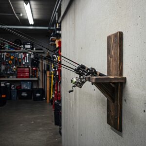 A wooden wall-mounted fishing rod holder in a garage, organizing fishing rods neatly.