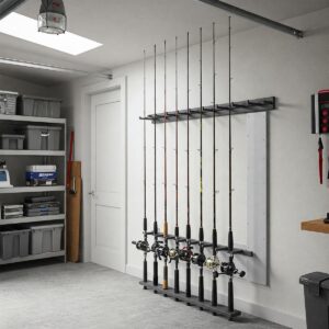 Illustration of a wall-mounted fishing rod rack organizing several fishing poles in a garage or storage area.