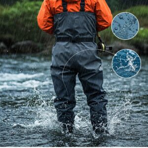 Illustration showcasing the waterproof features of high-quality fishing bibs, ideal for wet conditions.