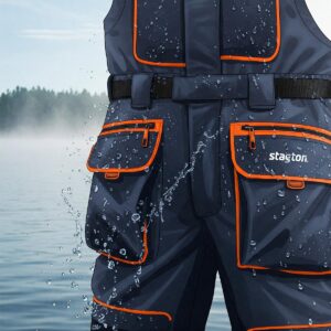 Illustration showcasing the waterproof features of fishing bibs, with water droplets rolling off the fabric.