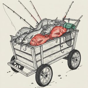 Artistic drawing of a wooden fishing cart loaded with fresh catch and fishing rods, reflecting the organization found in garage wall cabinets. 