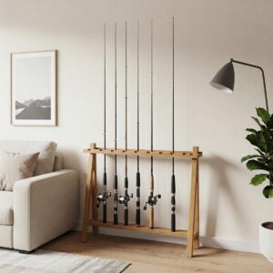 Illustration of a stylish wooden fishing rod storage rack for home.