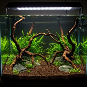 Decorative elements for a 10 gallon aquarium, showcasing gravel substrate, driftwood branches, and lush aquatic plants.