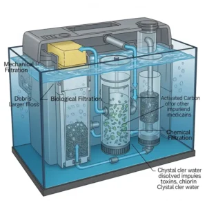 Illustration detailing the mechanical, biological, and chemical filtration stages in a 10-gallon fish tank filter.