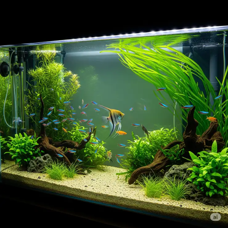 A large 100 gallon fish tank with a high-performance filter system running smoothly, showcasing clear water and healthy aquatic life.