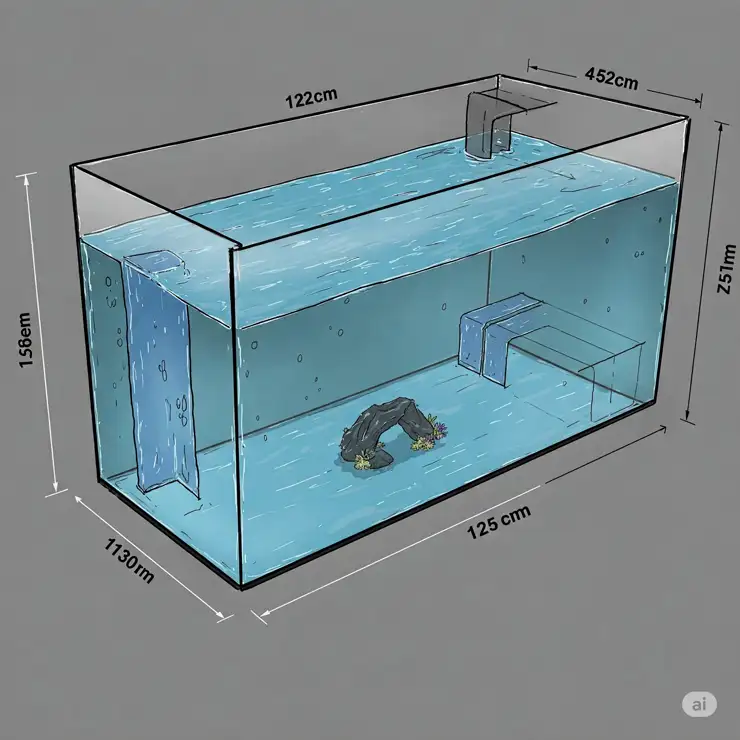 Diagram visually representing the internal volume capacity of a 125-gallon aquarium. 125 gallon fish tank dimensions
