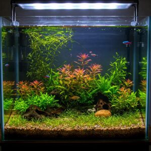 A well-established 5 gallon tank showcasing vibrant aquatic plants and small, colorful fish.