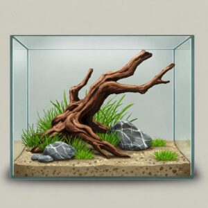 Illustration showcasing creative decoration ideas using driftwood, rocks, and other elements for a 5 gallon tank.