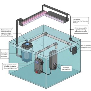 Diagram illustrating essential equipment for a 5 gallon tank: filter, heater, and lighting.