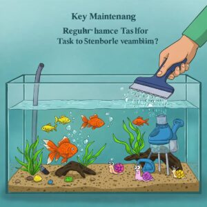 Illustration depicting key maintenance tasks for a healthy 5 gallon aquarium, including water changes and cleaning.