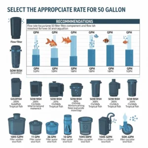 A chart recommending appropriate flow rates for a 50-gallon fish tank filter to ensure proper circulation and filtration.