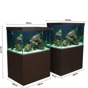 Visual comparison of a 75-gallon fish tank next to a slightly larger 100-gallon tank, highlighting the difference in their dimensions.