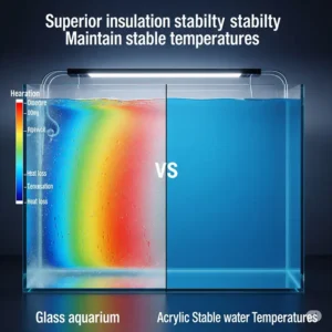 Visual representation highlighting the better insulation properties of an acrylic aquarium compared to glass, which helps maintain stable water temperatures.
