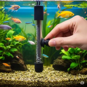 A hand carefully adjusting the temperature setting on a fish tank heater for optimal aquatic comfort.