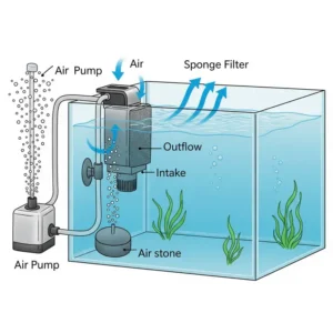 Proper setup of an air pump and air stone with a sponge filter for optimal aeration in a 10-gallon aquarium.
