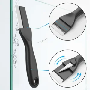 Detailed illustration of an aquarium algae scraper with a sharp, safe blade, designed to remove stubborn calcified deposits from glass.