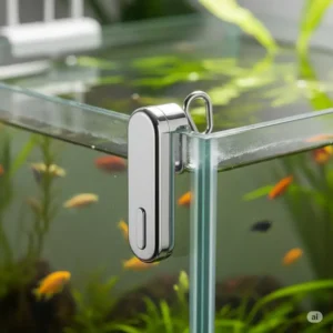 Side-by-side comparison showing an algae-filled aquarium before and a sparkling clean fish tank after using a magnetic cleaner.