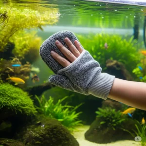 A hand wearing a specialized aquarium cleaning mitt, gently wiping the inside of the tank glass to remove light film and smudges.