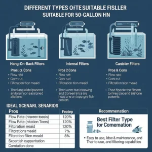 An infographic illustrating various filter types suitable for a 50-gallon fish tank, including hang-on-back, internal, and canister filters.