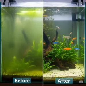 A split image showing the "before" a cloudy, algae-filled aquarium glass and the "after" of crystal-clear water achieved with an effective aquarium glass cleaner.