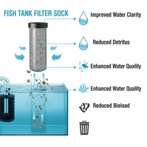 Infographic highlighting the key benefits of using a fish tank filter sock, including clearer water and reduced detritus.