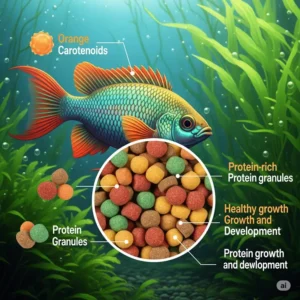 Illustration detailing the benefits of nutrients in tropical fish food, such as carotenoids for vibrant colors and protein for growth.
