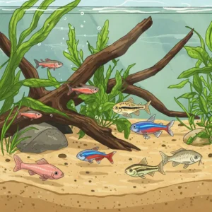 Illustration showcasing some of the best small and peaceful fish species that thrive in a shallow fish tank environment.