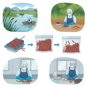 Illustration representing the sustainable sourcing and clean preparation of bloodworms, ensuring quality fish food.