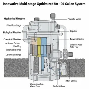 Diagram of a powerful canister filter designed for a 100 gallon fish tank, highlighting its multi-stage filtration capabilities.