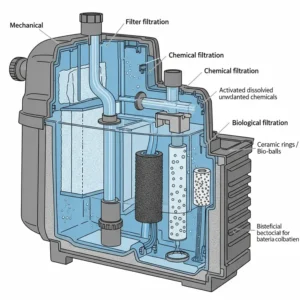 A cross-section diagram of a multi-stage canister filter, highlighting its mechanical, chemical, and biological filtration media for a 50-gallon aquarium.