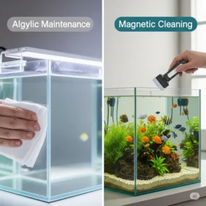 Depiction of cleaning an acrylic aquarium (using a soft cloth) versus a glass aquarium (using a magnetic cleaner), emphasizing careful maintenance for acrylic to avoid scratches.