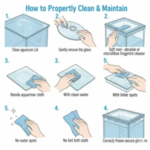 Step-by-step illustration on the proper way to clean and maintain a clear glass aquarium lid for optimal clarity.