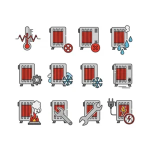 Icons depicting common issues related to fish tank heaters, such as temperature fluctuations or malfunctions.