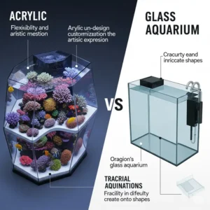 Examples of unique and custom shapes possible with an acrylic aquarium, contrasted with the more limited shapes available for glass aquariums.