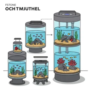Illustration showing cylindrical fish tanks in various sizes for different aquatic setups.