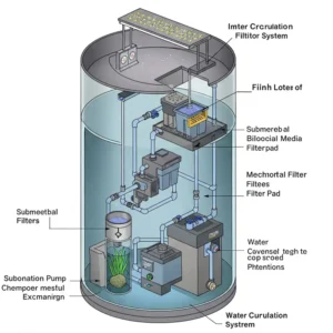 Diagram showing the lighting and filtration system inside a cylindrical fish tank.