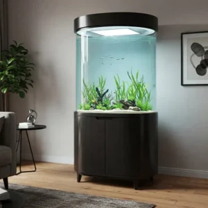 Illustration of a cylindrical aquarium with a matching stand and cabinet for storage.