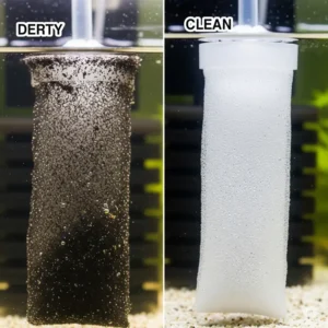 Comparison illustration of a dirty fish tank filter sock next to a clean one, emphasizing the importance of regular maintenance.